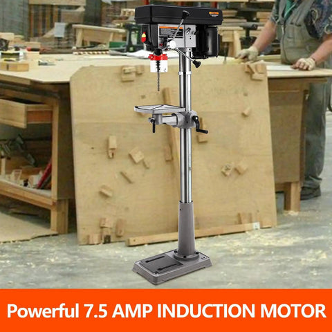 13 Inch Floor Drill Press With 7.5A Motor, Heavy Duty Cast Iron Construction For Wood And Metal Work in workshop setting.