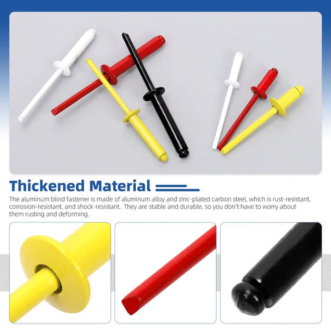Colorful rivets showcasing diversity in the 130 Piece White Aluminum Blind Rivet Kit With 7 Sizes, Steel Mandrel Pop Rivets Assortment.