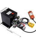 Heavy Duty 12V DC Hydraulic Power Unit With Double Acting Pump And Remote Control Wired Options For Dump Trailers Car Hitches Lift Systems High Performance Electric Motor on a black housing with dimensions.