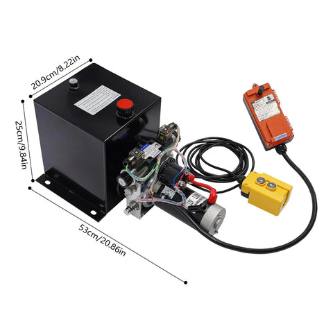 Heavy Duty 12V DC Hydraulic Power Unit With Double Acting Pump And Remote Control Wired Options For Dump Trailers Car Hitches Lift Systems High Performance Electric Motor on a black housing with dimensions.