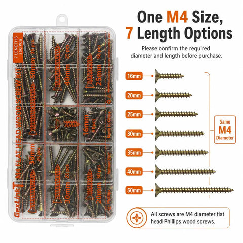 Flat Head Wood Screw Kit M4 250 PC Set Must Have With 7 Lengths 16mm 20mm 25mm 30mm 35mm 40mm 50mm Yellow Zinc Plated