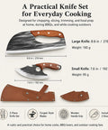 Two Piece Hand Forged Chef Knife And Boning Knife Set displayed with wooden handles and leather sheath, sizes and weights shown.