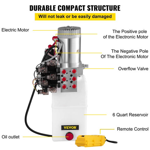 Heavy Duty 6 Quart 6 Way Hydraulic Power Unit With Double Acting Pump 12V DC Supply Plastic Oil Reservoir Remote Control For Dump Trailers And Cars Workhorse Build For Long Lasting Performance