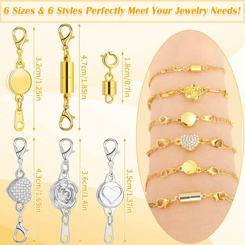 Six Styles Magnetic Necklace Clasps Set With Twenty Pieces Extra Strong Magnets Jewelry Clasp Extenders gold and silver styles