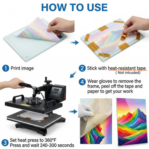 How to use 4 Pack Sublimation Glass Photo Blanks 11.8 Inch Long and 7.87 Inch Wide Wall Mount Frames; printing steps
