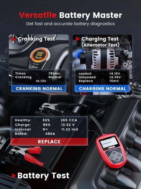 BA101 12V Car Battery Tester Digital Automotive Alternator Meter display with cranking and charging test results on vehicle