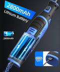 Close-up of Heavy Duty Eight Volt Cordless Rotary Tool With 135 Piece Accessory Kit And Two Point Eight Amp Hour Battery showing 2800mAh lithium battery.