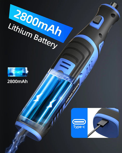 Close-up of Heavy Duty Eight Volt Cordless Rotary Tool With 135 Piece Accessory Kit And Two Point Eight Amp Hour Battery showing 2800mAh lithium battery.