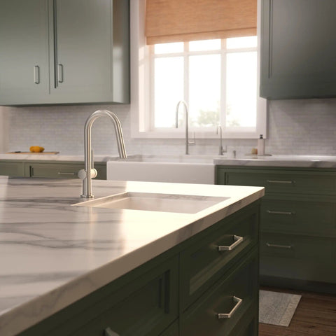 hansgrohe Talis N Pull Down Kitchen Faucet, Modern, Magnetic Hand Sprayer, 1-Handle, 1.75 GPM, Stainless Steel Optic, 72866801 in stylish kitchen with marble countertop.