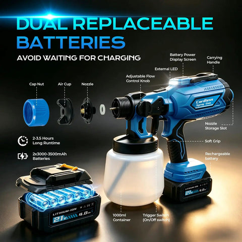 Ditch The Cords With This Hardworking Cordless Paint Sprayer Boasting A Bright Led Lamp And Twin High Capacity Cells for DIY tasks.