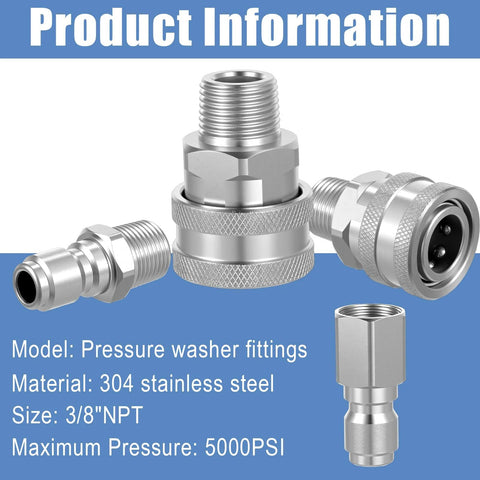 8-piece stainless steel 3/8-inch NPT pressure washer quick-connect fittings kit, front view