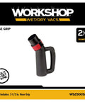 Wet Dry Vacuum Hose Grip Attachment With Bleeder Valve For Suction Control, shown in black with red valve, fits 2.5 inch hoses.