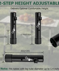 2-step height adjustable steel leg extender for tables, 92mm and 135mm settings, black finish for sturdy outdoor use.