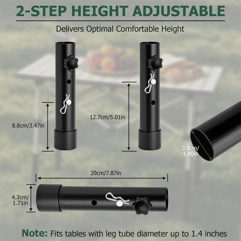 2-step height adjustable steel leg extender for tables, 92mm and 135mm settings, black finish for sturdy outdoor use.