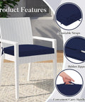 White wicker chair with navy blue Outdoor Cushions For Patio Furniture Set Of 4 19 By 19 By 3 Inch Thick Waterproof And UV Resistant Navy Blue Chair Cushions With Adjustable Ties And Durable Handle For Superior Comfort And Easy All Weather Use, featuring adjustable ties and handle.