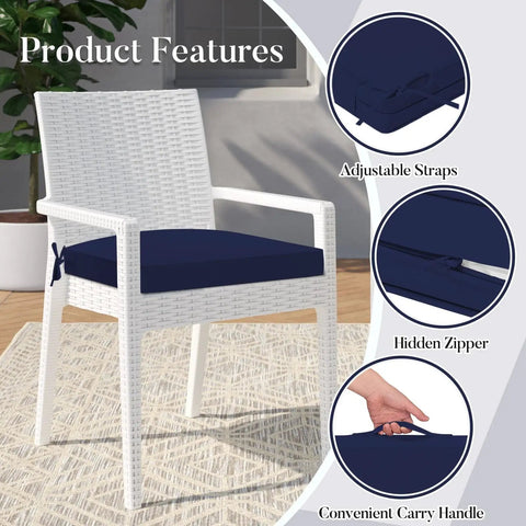 White wicker chair with navy blue Outdoor Cushions For Patio Furniture Set Of 4 19 By 19 By 3 Inch Thick Waterproof And UV Resistant Navy Blue Chair Cushions With Adjustable Ties And Durable Handle For Superior Comfort And Easy All Weather Use, featuring adjustable ties and handle.