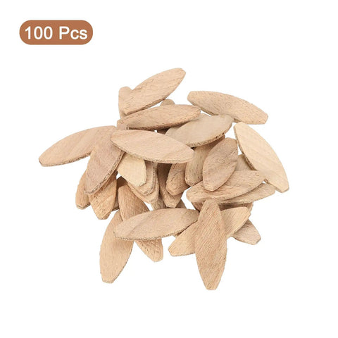 Wood Joiner Biscuits 100Pcs Beech Wood 45x16x3.8mm for DIY projects, showing pile of tear-resistant fasteners for tight jointing.