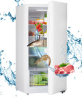 Hella Spacious 13 Point 8 Cubic Foot Upright Freezer Frost Free Stand Up Convertible Refrigerator showing organized food and ice.