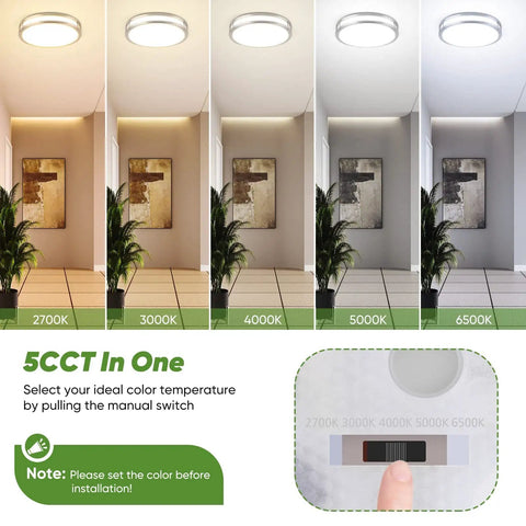 Super Bright 36W LED Ceiling Lights 3600 Lumens Dimmable Flush Mount Fixtures 13 Inch Ceiling Lamps 2 Pack Nickel Finish With 5 CCT Adjustable 2700K To 6500K Ideal For Bedroom Kitchen showing different color temperatures