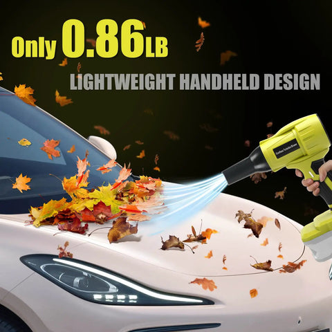 Cordless Leaf Blower For Ryobi 18V ONE Plus Batteries, 350W Brushless Power in use clearing leaves off car hood, lightweight design