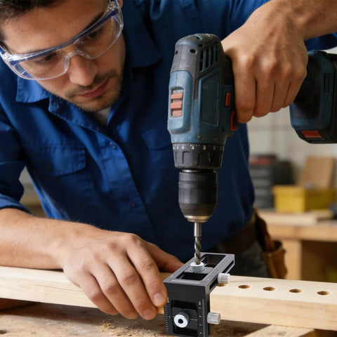 Man using drill with Upgraded 2-In-1 Drill Guide Positioning Clamp With Self Centering Clamp Graduated Aluminum Woodworking Tool