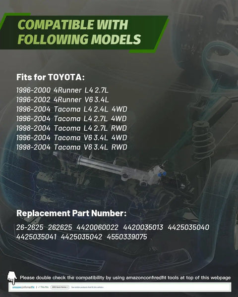 Toyota Tacoma And 4Runner Hydraulic Power Steering Rack And Pinion Assembly compatibility chart with models and part numbers