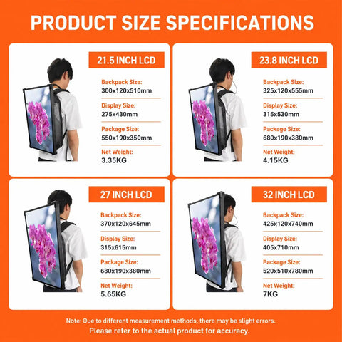 Flex Your Brand On This Head Turning Outdoor Mobile Digital Walking Billboard Backpack With A 32 Inch Full HD Led Screen dimensions and specifications.