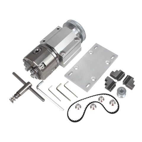 100mm No Power Multi Function Lathe Chuck Spindle Assembly with tools, 4-jaw chuck, belt, and components for CNC use