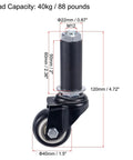 Heavy Duty Swivel Expanding Stem Casters With 1.5 Inch PVC Wheels For Kitchen Prep Tables, showing dimensions and load capacity.