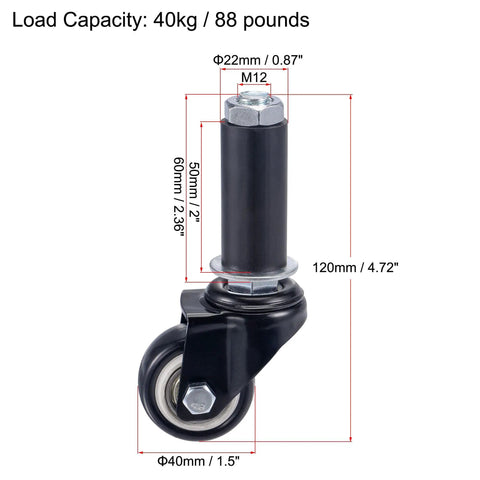 Heavy Duty Swivel Expanding Stem Casters With 1.5 Inch PVC Wheels For Kitchen Prep Tables, showing dimensions and load capacity.