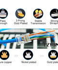 Close-up of 100 Pack Pass Through RJ45 Connectors For Cat6 Ethernet, 8P8C Gold Plated Ends, Works With Solid Or Stranded UTP Cable