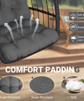 Close-up of chill outdoor egg chair with stand for patio and garden hang swing hammock chair, grey cushion shows comfort features.