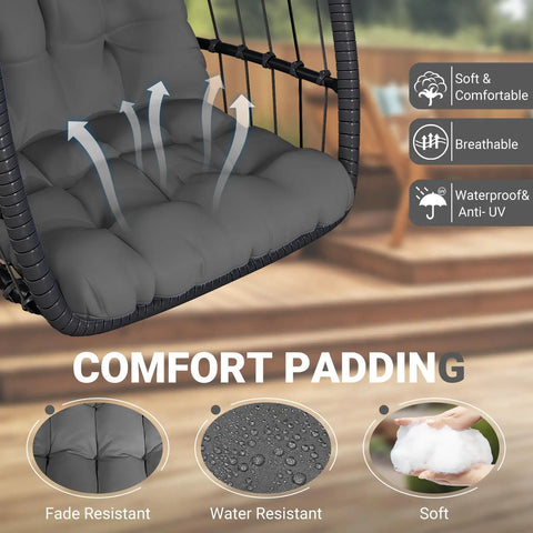 Close-up of chill outdoor egg chair with stand for patio and garden hang swing hammock chair, grey cushion shows comfort features.