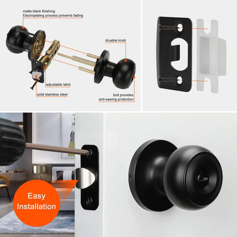 Six Pack Matte Black Interior Privacy Door Knobs For Bedroom Or Bathroom Classic Round Doorknobs Hardware Set With Inside Turn Button Lock And Outside Emergency Release Pin displayed with installation detail and latch mechanism.