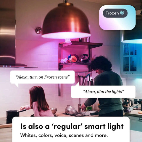 Smart LED Light Bulb 2 Pack With Wi Fi Full Color RGBW 1100 Lumens Antibacterial HEV Mode kitchen setting with voice command prompts