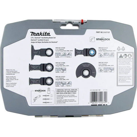 Back of 5 Piece Starlock Oscillating Blade Set package showing blades B-67016, B-67038, B-67066, B-67072, B-67119 details