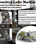 Badass 8X39 Inch Metal Bench Lathe With 1100W Brushless Motor showing automatic feed range and spindle bore details.