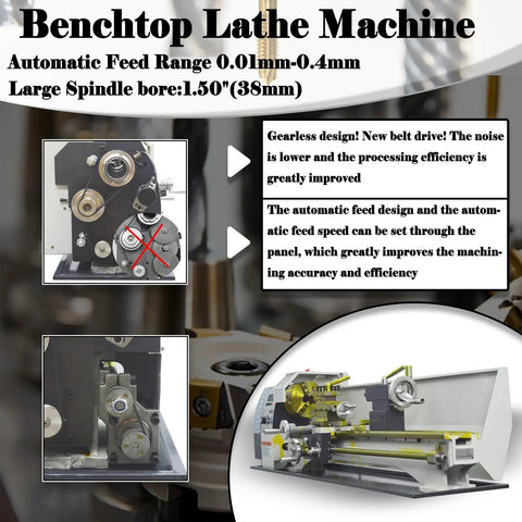 Badass 8X39 Inch Metal Bench Lathe With 1100W Brushless Motor showing automatic feed range and spindle bore details.