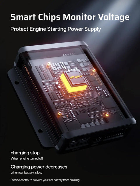 Solid Alternator Charger To Quickly Juice Up Your Portable Power Station With Six Times Faster Output And No Sweat Plug And Play Setup For Weekend Adventures And Long Drives close-up of smart chip voltage monitor for vehicle battery protection