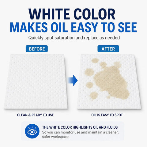 150 Pack Oil Absorbent Pads For Oil Spills And Drips, Polypropylene Oil Only Absorbent Sheets, showing before and after oil absorption