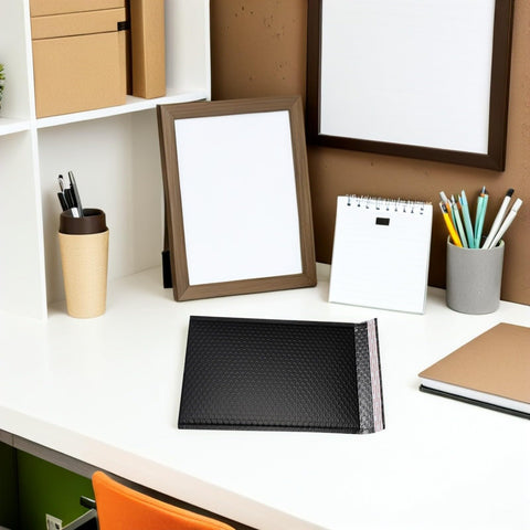 Desk with Bubble Mailers 50 Pack 20 By 25 Cm Black Padded Waterproof No Fuss Self Seal Envelopes next to office supplies.