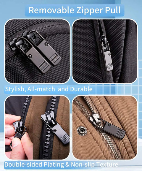 Universal Zipper Pull Replacement Kit 20 Pcs Black Zipper Pulls for jackets, luggage, backpacks; tool-free installation on zippers.