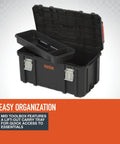Open mid toolbox showing lift-out tray from the Workhorse Light Duty Modular Rolling Toolbox System With Telescopic Handle And Mobile Base With Two Rugged Rubber Wheels Top Toolbox With Ten Removable Bins Mid Compartment With Lift Out Tray 176 Pound Weight Capacity.