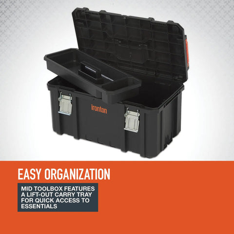 Open mid toolbox showing lift-out tray from the Workhorse Light Duty Modular Rolling Toolbox System With Telescopic Handle And Mobile Base With Two Rugged Rubber Wheels Top Toolbox With Ten Removable Bins Mid Compartment With Lift Out Tray 176 Pound Weight Capacity.