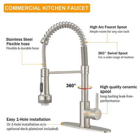 Brushed Nickel Pull Down Kitchen Faucet With Two Function Sprayer, Stream And Spray, Pause Feature, 360 Degree Swivel, High Arc Spout, Brass