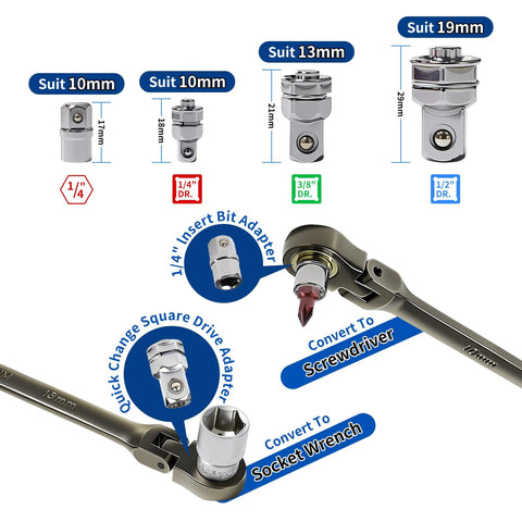 Extra Long Flex Head Ratcheting Wrench Set Six Piece Metric 8-19mm With Double Box End 180 Degree Flex Head CR-V Steel