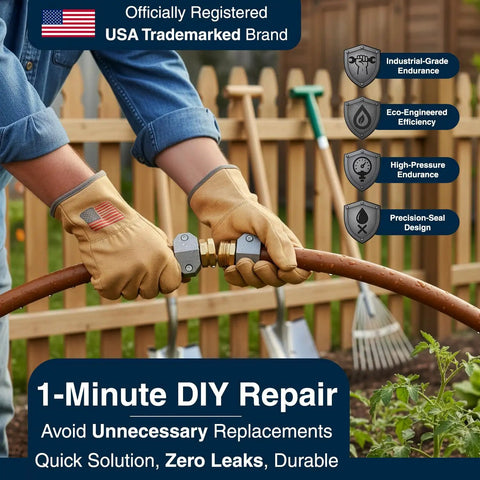 Garden Hose Repair Kit for Quick Leak Fix on Three Quarters and Five Eighths Inch Hoses, Easy No Tool Installation, Durable Brass Fittings, Fits Most Common Hoses, Fast Repair for Home Yard Watering, Trusted by Families being installed on brown hose by person in gloves.