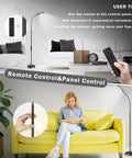 Flexible Gooseneck LED Floor Lamp With Remote in living room and reading area with control panel and user adjusting settings