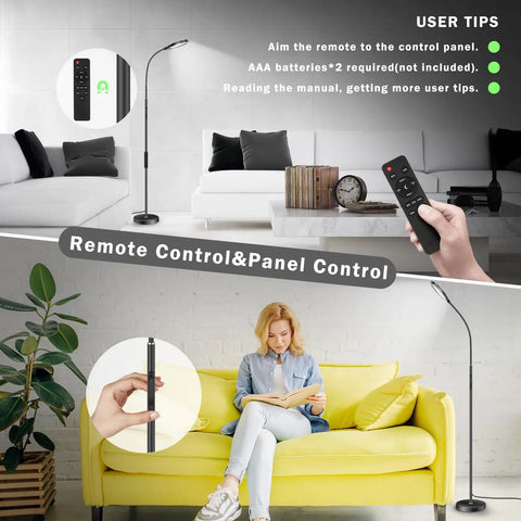 Flexible Gooseneck LED Floor Lamp With Remote in living room and reading area with control panel and user adjusting settings