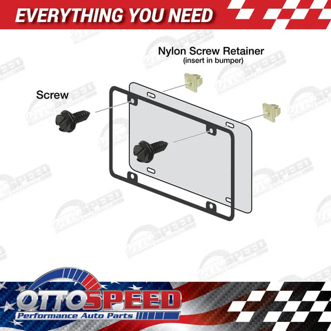 Diagram of rustproof license plate screws with nylon inserts for US vehicles, highlighting installation for Ford, Chevy, Dodge, Jeep.